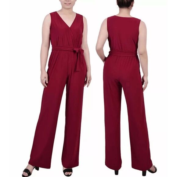 NY Collection Women's Petite Sleeveless Belted Beet Red  Jumpsuit PS - Picture 1 of 13